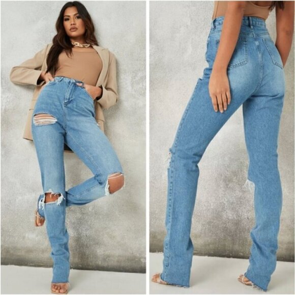 Missguided Denim - Missguided High Waist Straight Slash Rip Jeans, 6